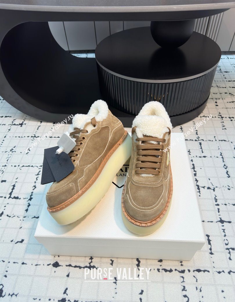 Prada Suede and Wool Platform Mid-top Sneakers 5cm Brown2 2025 1T725N (MD-251027096)