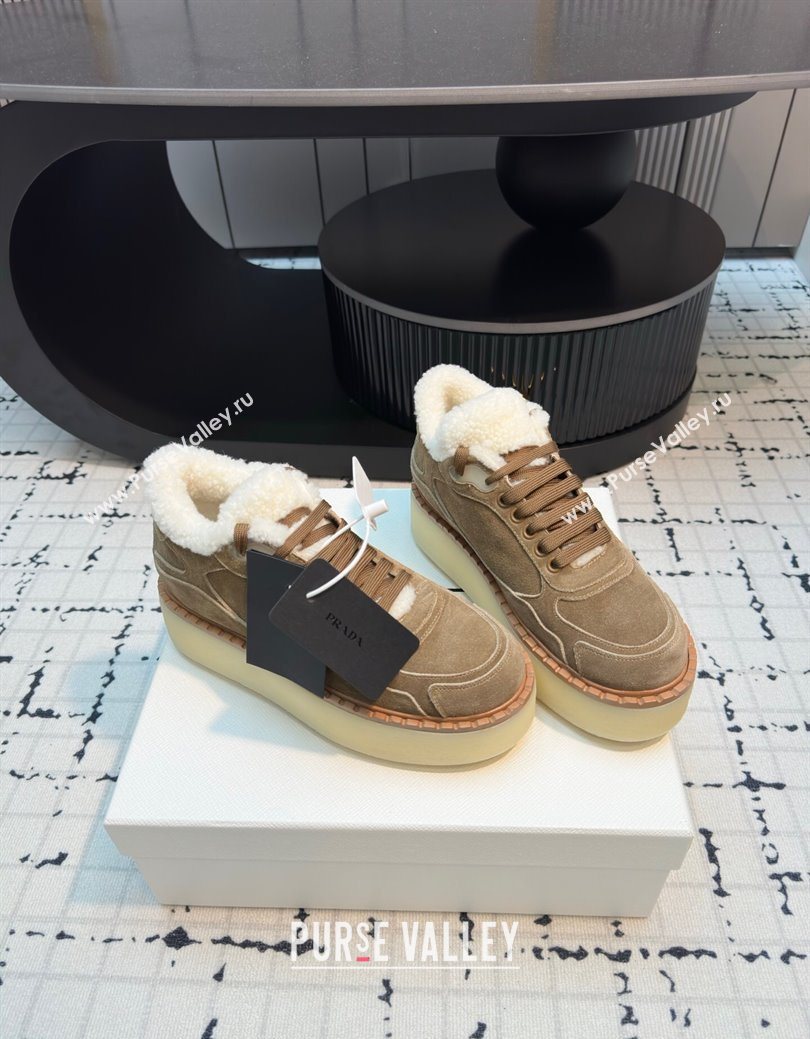 Prada Suede and Wool Platform Mid-top Sneakers 5cm Brown2 2025 1T725N (MD-251027096)
