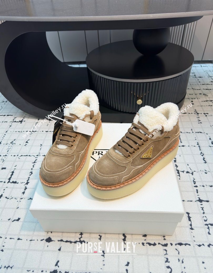Prada Suede and Wool Platform Mid-top Sneakers 5cm Brown2 2025 1T725N (MD-251027096)