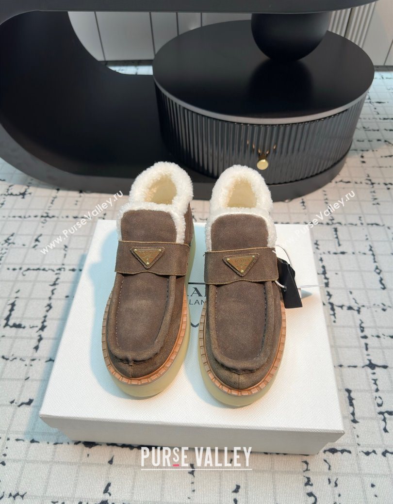 Prada Suede and Wool Platform Slip-on Ankle Boots 5cm Dark Brown 2025 PR102706 (MD-251027085)