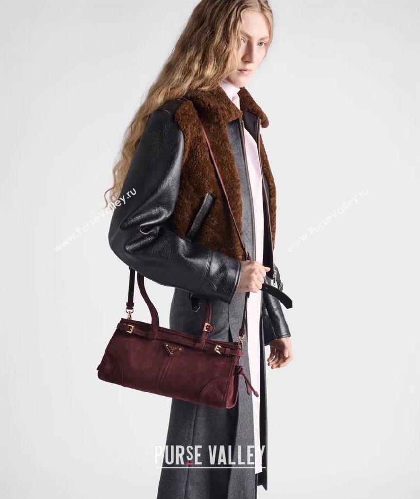 Prada Bonnie Medium Suede handbag 1BA426 Burgundy 2025 (YZ-251121117)