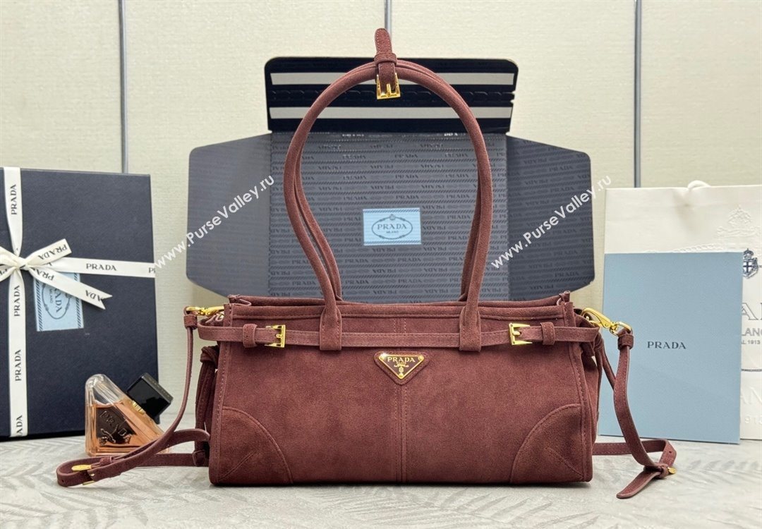 Prada Bonnie Medium Suede handbag 1BA426 Burgundy 2025 (YZ-251121117)