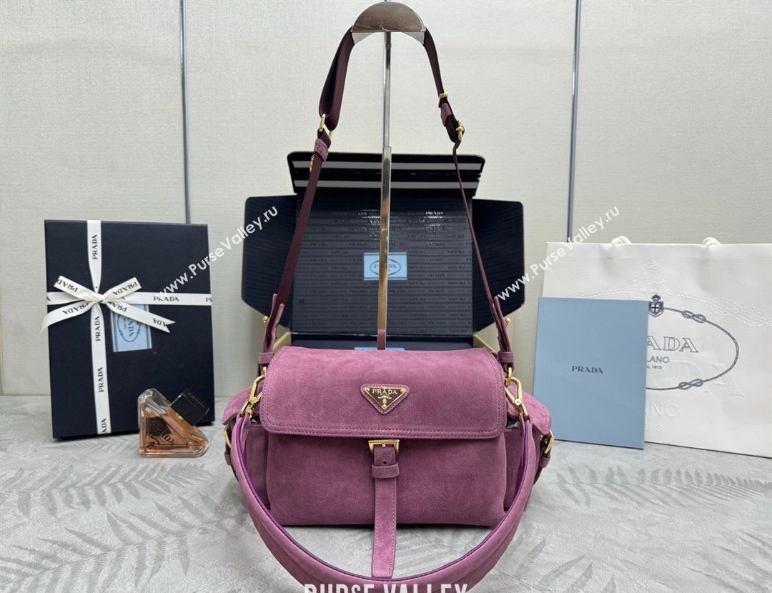 Prada Explore medium suede shoulder bag with flap Purple 2025 1BD394 (YZ-251121091)