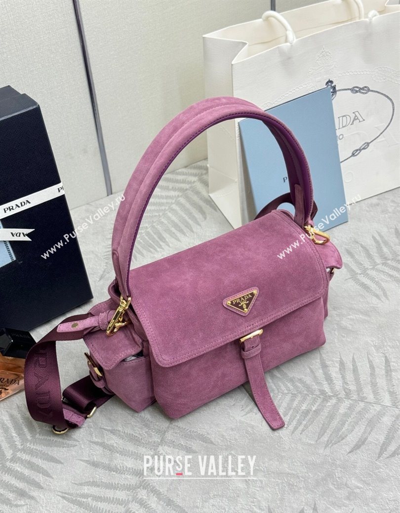 Prada Explore medium suede shoulder bag with flap Purple 2025 1BD394 (YZ-251121091)