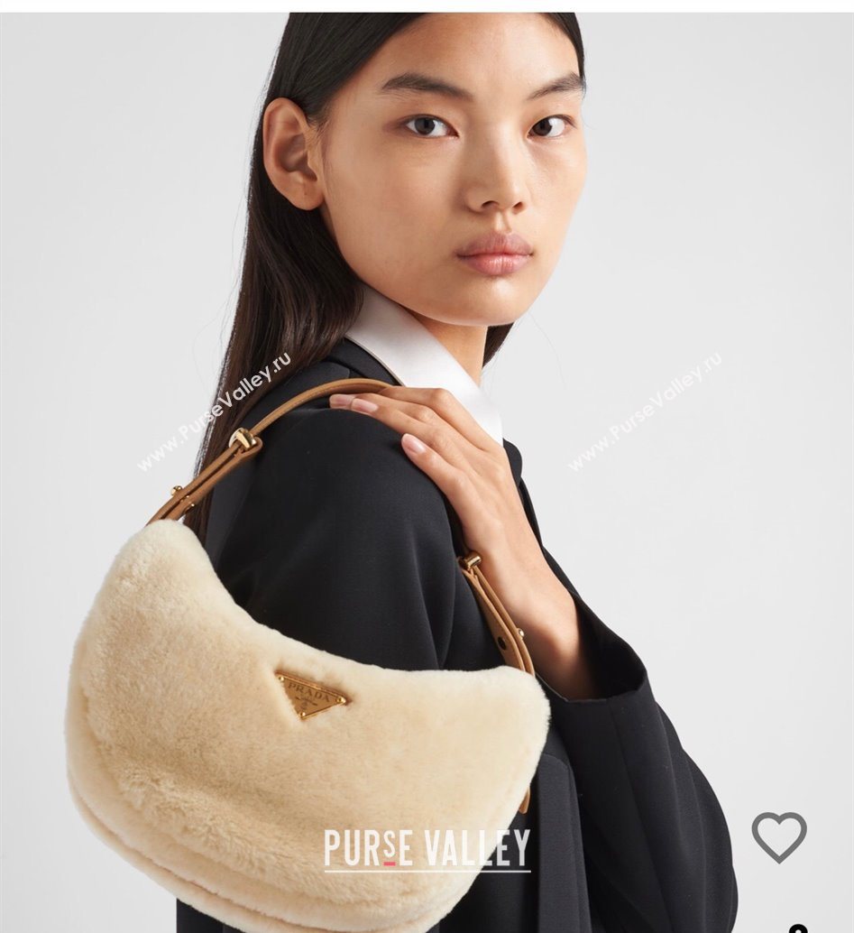 Prada Arque shearling and leather shoulder bag ecru Beige 2025 1BC194 (YZ-251122006)