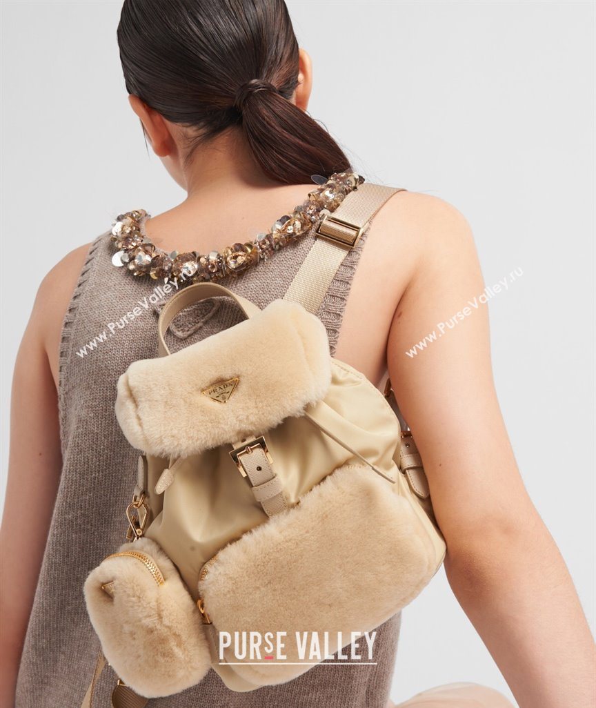 Prada Re-Nylon and shearling backpack bag 1BZ074 Beige 2025 (YZ-251122009)