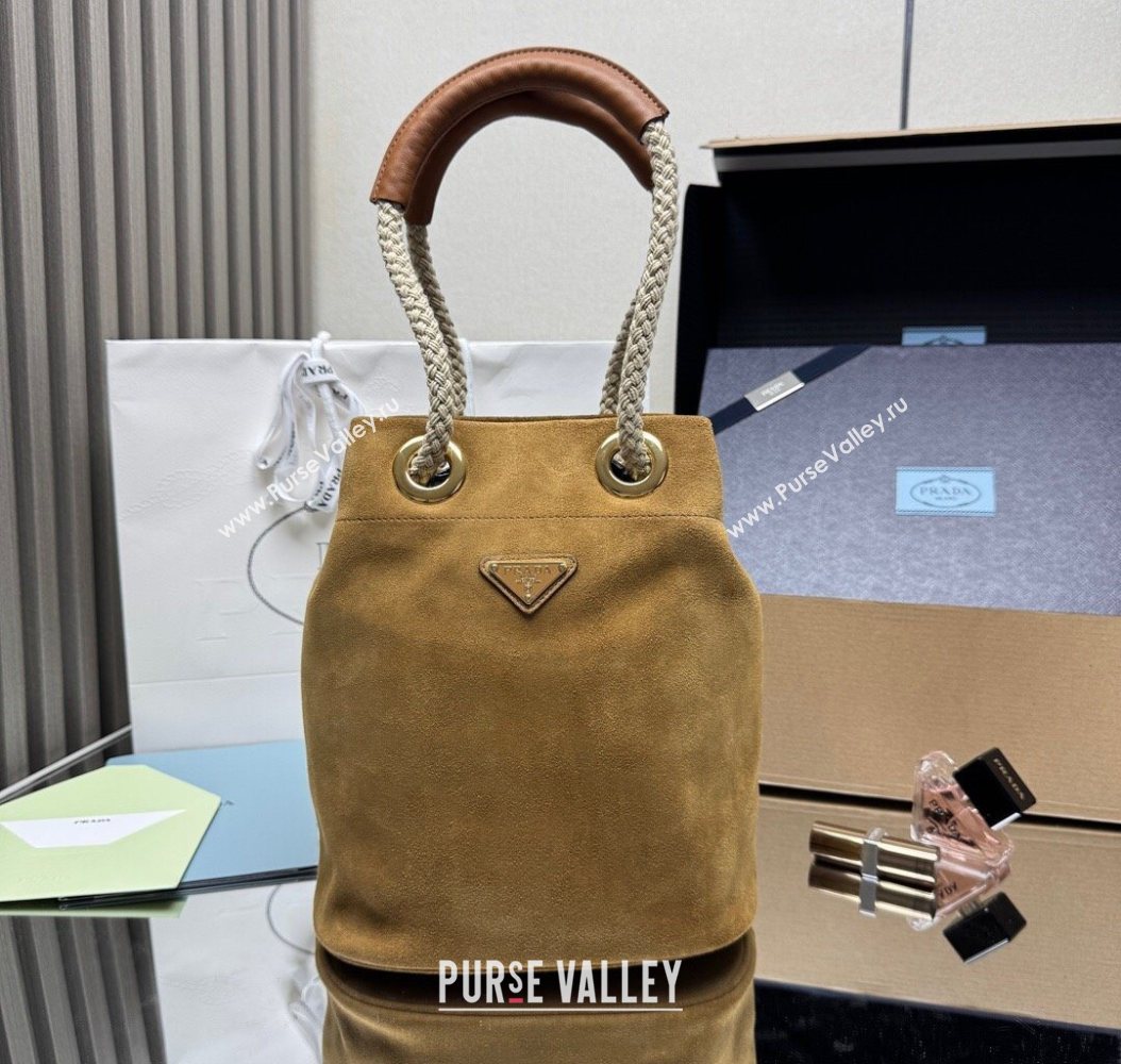 Prada Mariner small suede bucket bag Cinnamon Brown 2025 1BE082 (YZ-251122011)