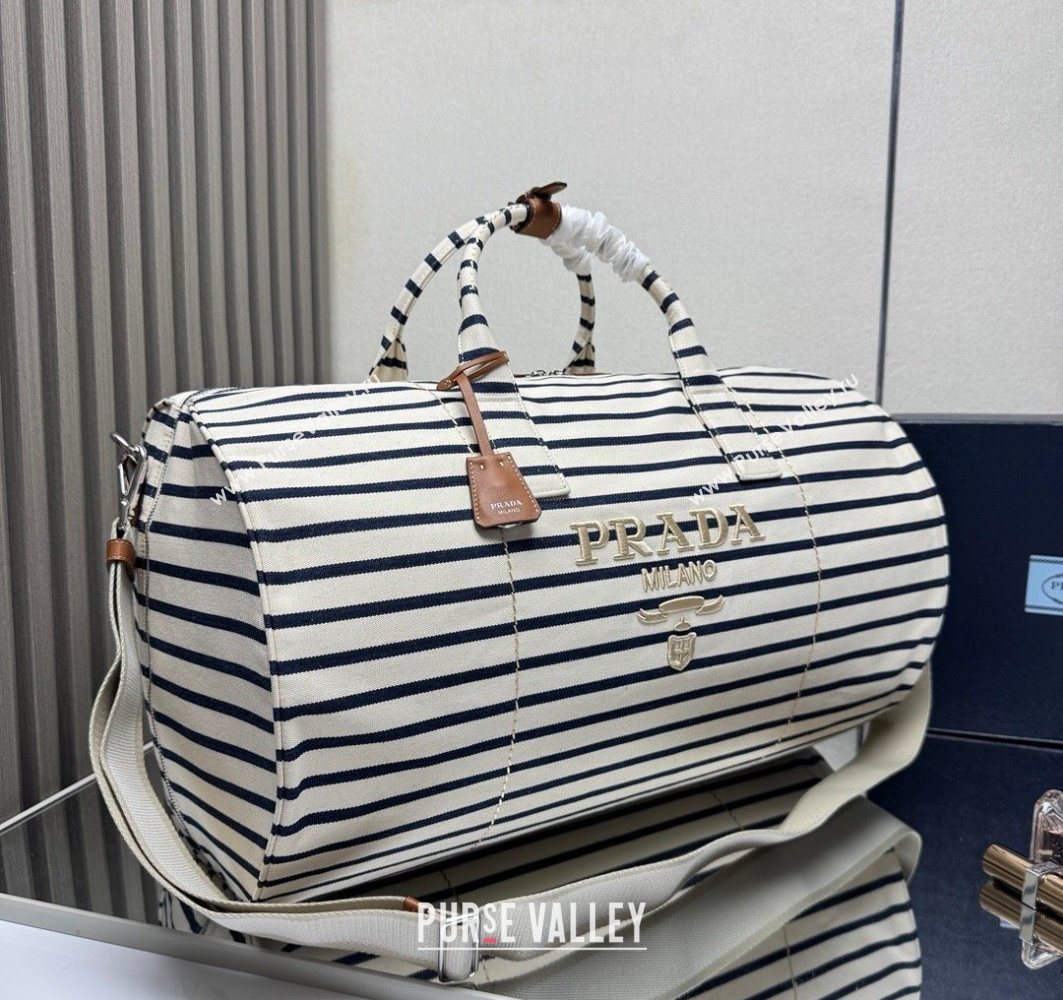 Prada Mens Striped Canvas duffle bag Ivory/Blue 2025 2VC051 (YZ-251122017)
