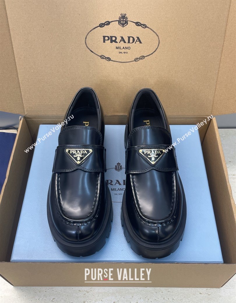 Prada Brushed Leather Platform Loafers 4.5cm Black 2025 PR120604 (JC-251206025)