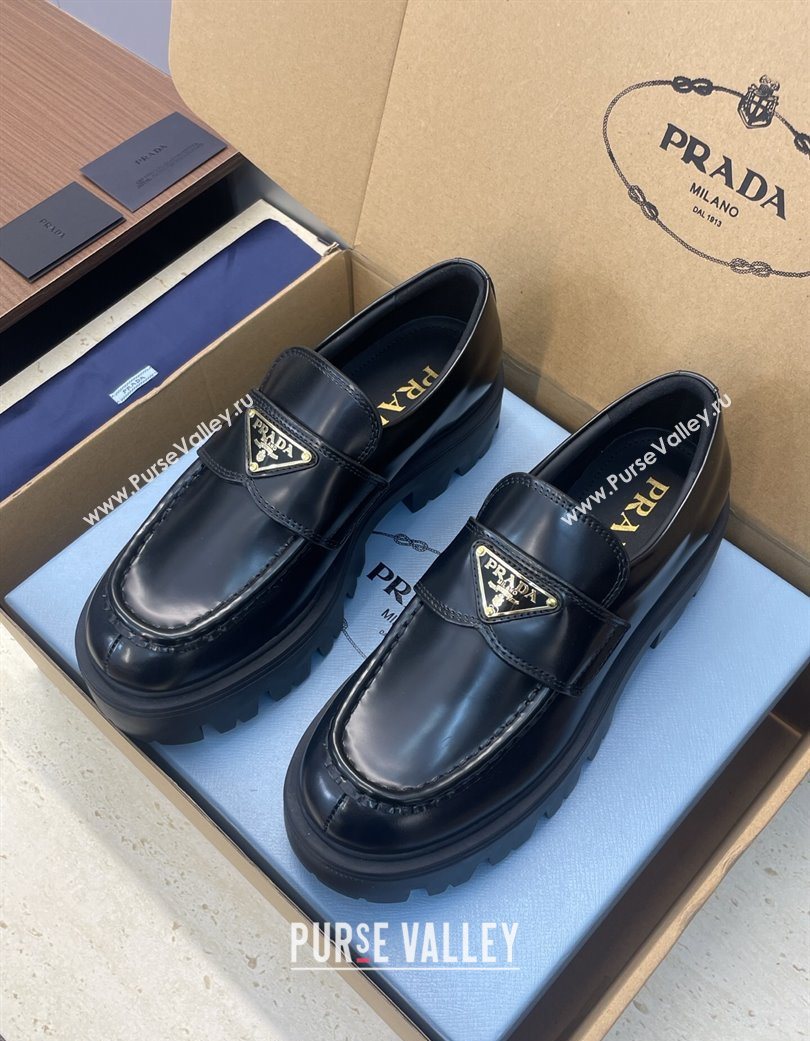 Prada Brushed Leather Platform Loafers 4.5cm Black 2025 PR120604 (JC-251206025)