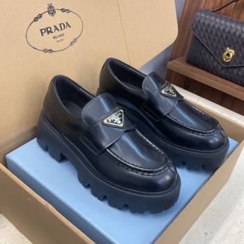 Prada Brushed Leather Platform Loafers 4.5cm Black 2025 PR120604 (JC-251206025)