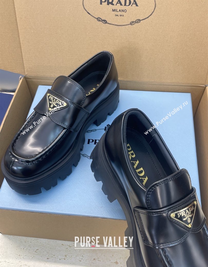 Prada Brushed Leather Platform Loafers 4.5cm Black 2025 PR120604 (JC-251206025)