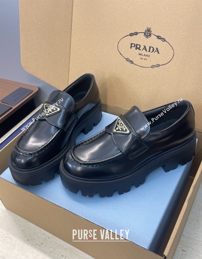 Prada Brushed Leather Platform Loafers 4.5cm Black 2025 PR120604 (JC-251206025)