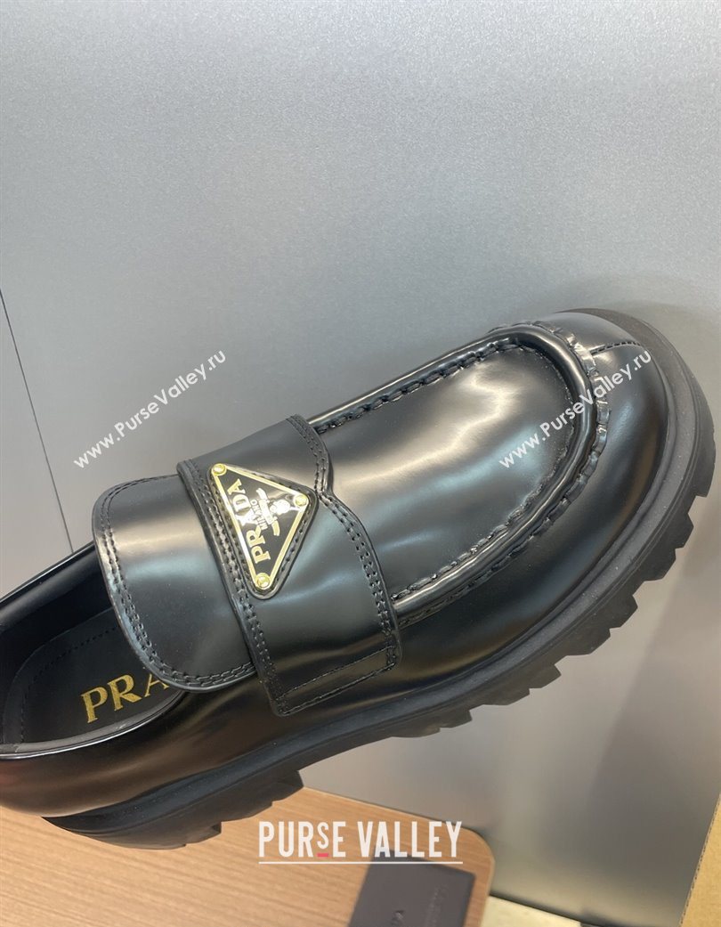 Prada Brushed Leather Platform Loafers 4.5cm Black 2025 PR120604 (JC-251206025)
