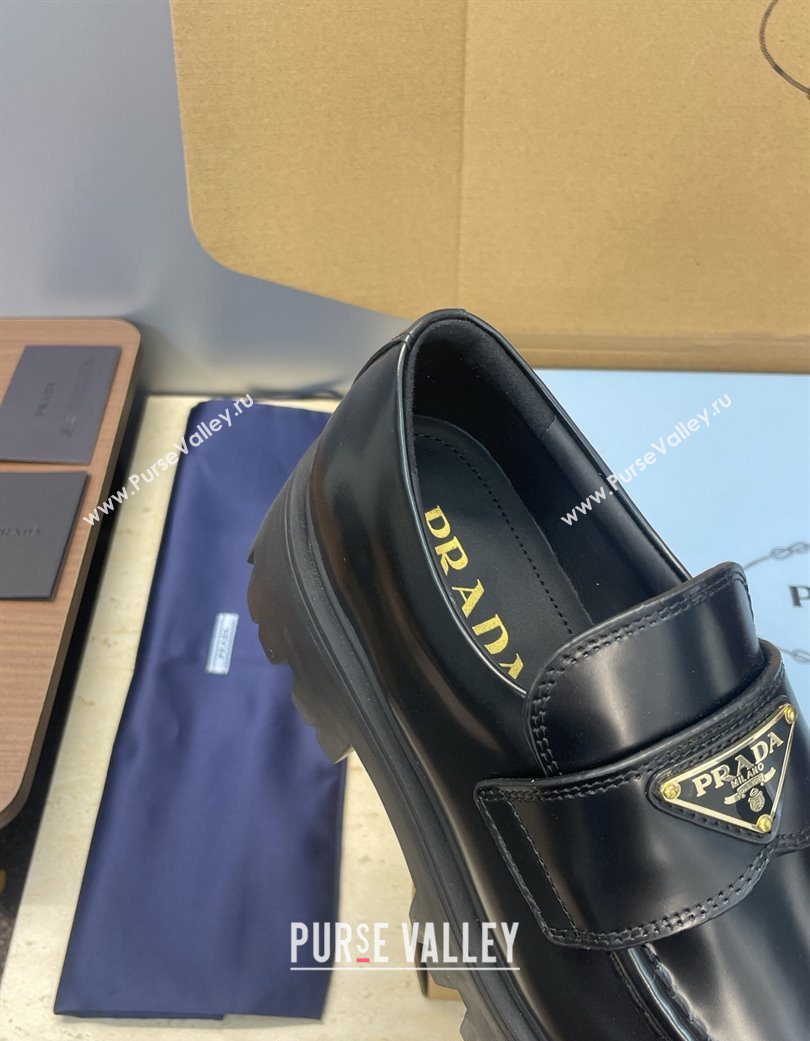 Prada Brushed Leather Platform Loafers 4.5cm Black 2025 PR120604 (JC-251206025)