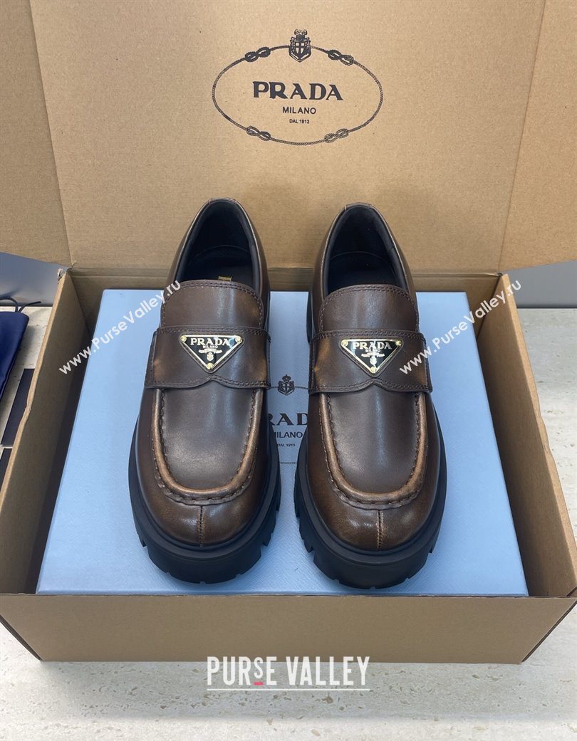 Prada Leather Platform Loafers 4.5cm Brown 2025 PR120604 (JC-251206026)