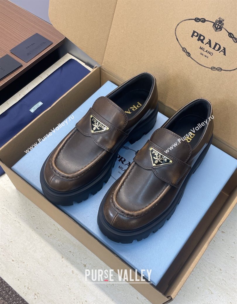 Prada Leather Platform Loafers 4.5cm Brown 2025 PR120604 (JC-251206026)