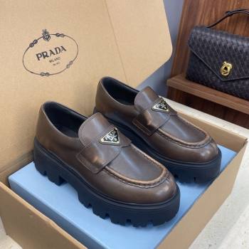 Prada Leather Platform Loafers 4.5cm Brown 2025 PR120604 (JC-251206026)