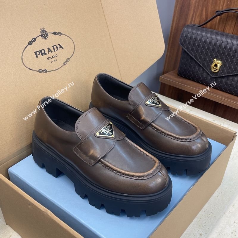 Prada Leather Platform Loafers 4.5cm Brown 2025 PR120604 (JC-251206026)