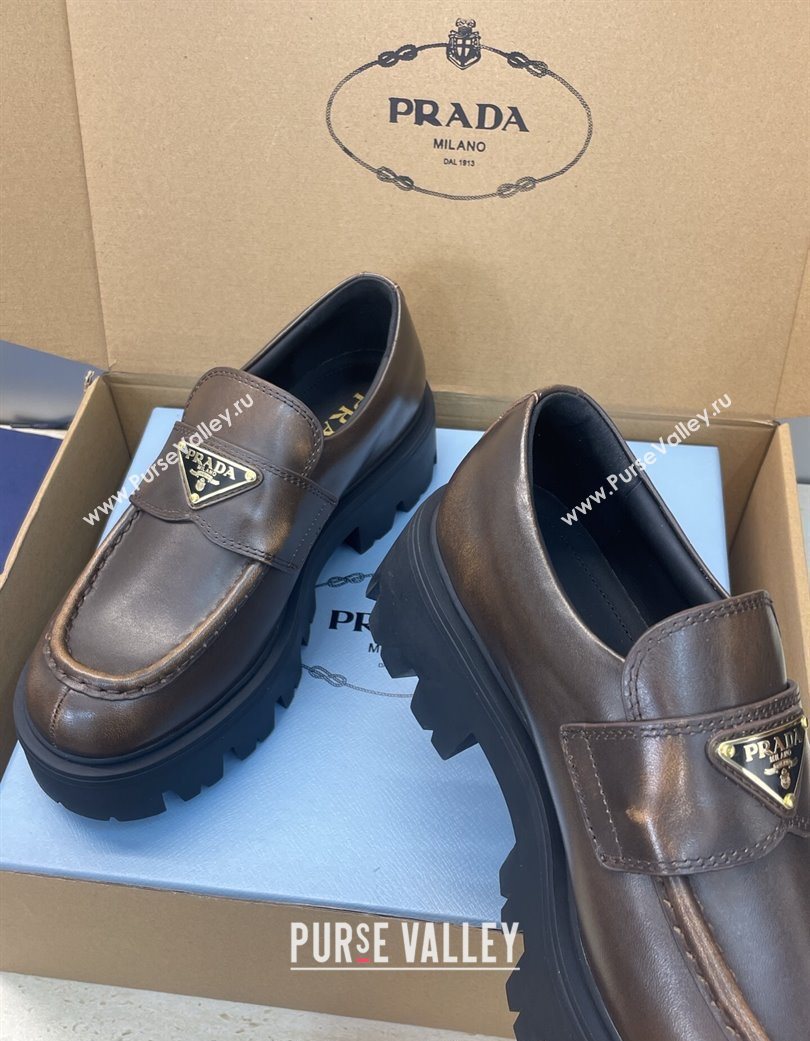 Prada Leather Platform Loafers 4.5cm Brown 2025 PR120604 (JC-251206026)