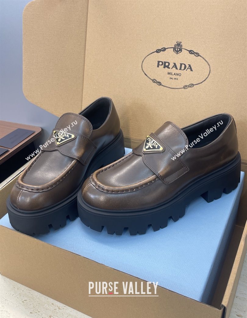 Prada Leather Platform Loafers 4.5cm Brown 2025 PR120604 (JC-251206026)
