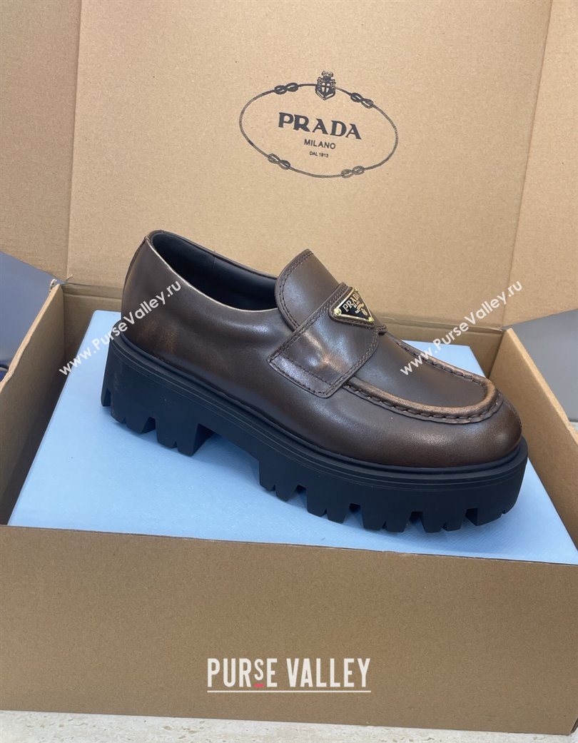 Prada Leather Platform Loafers 4.5cm Brown 2025 PR120604 (JC-251206026)