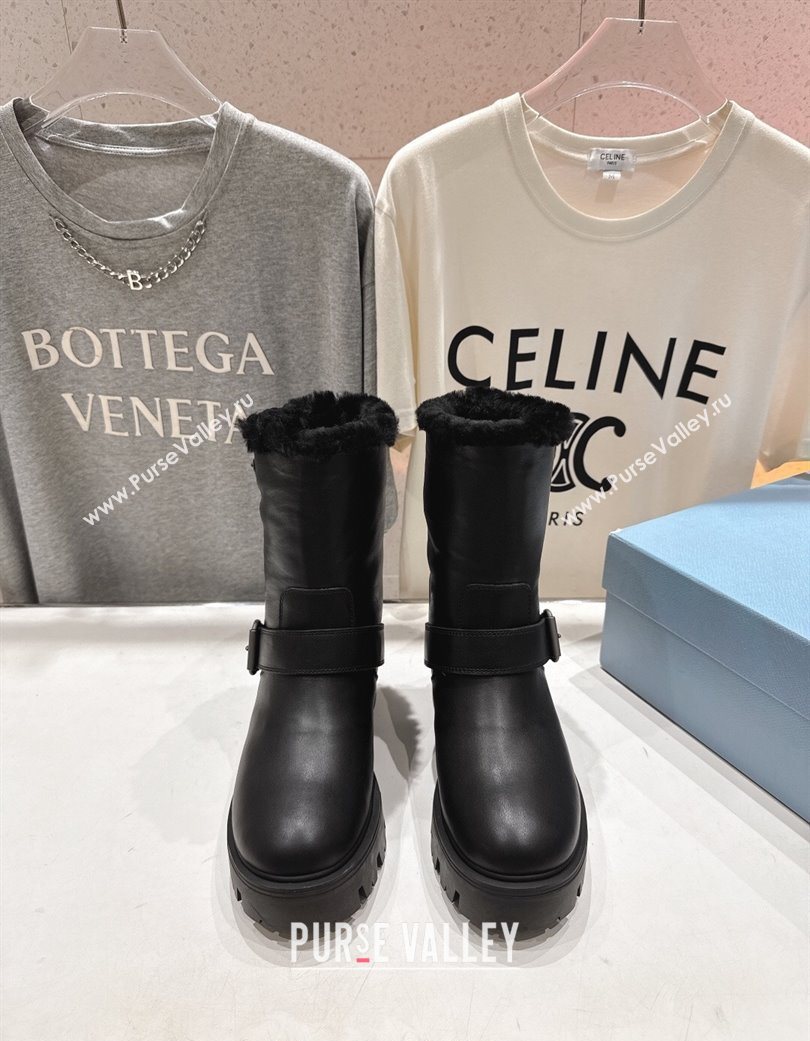 Prada Leather and Shearling Booties with Buckle Black 2025 1U187O (MD-251206031)