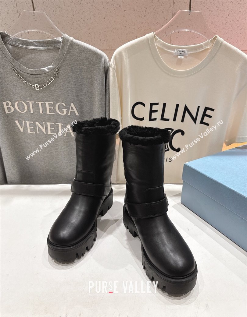 Prada Leather and Shearling Booties with Buckle Black 2025 1U187O (MD-251206031)