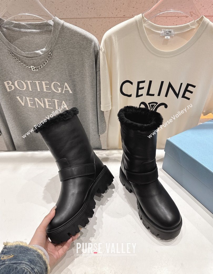 Prada Leather and Shearling Booties with Buckle Black 2025 1U187O (MD-251206031)