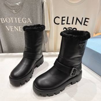 Prada Leather and Shearling Booties with Buckle Black 2025 1U187O (MD-251206031)