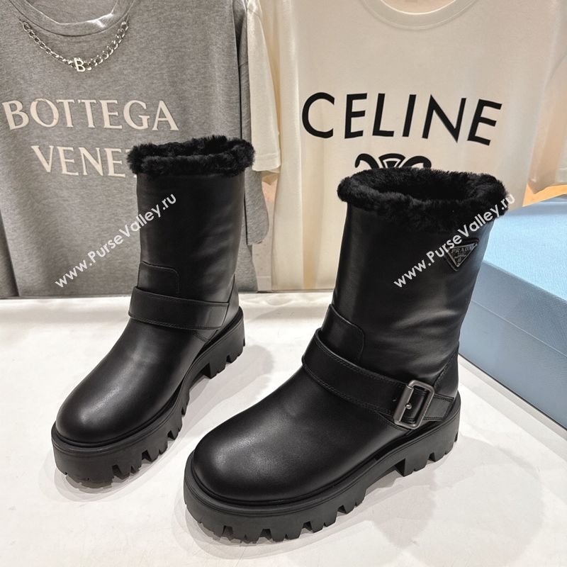 Prada Leather and Shearling Booties with Buckle Black 2025 1U187O (MD-251206031)