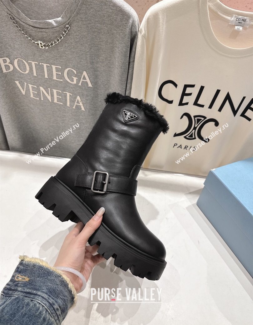 Prada Leather and Shearling Booties with Buckle Black 2025 1U187O (MD-251206031)