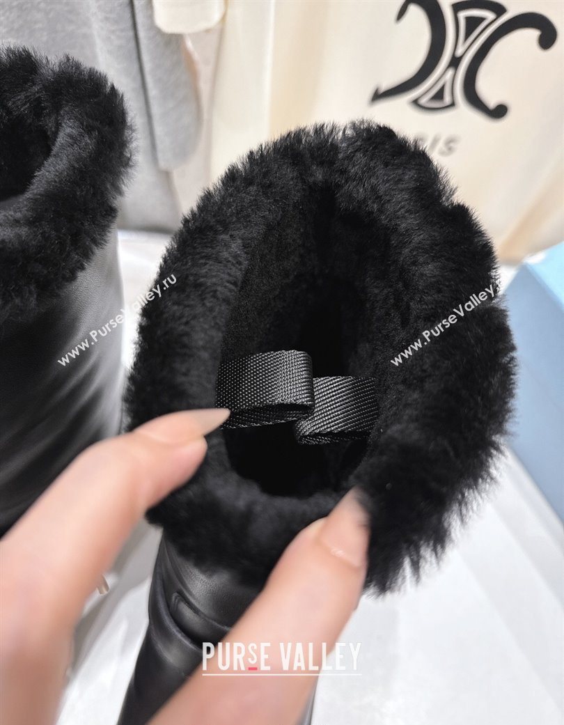 Prada Leather and Shearling Booties with Buckle Black 2025 1U187O (MD-251206031)