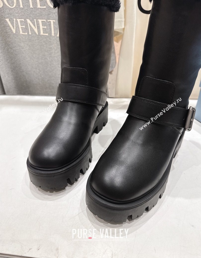Prada Leather and Shearling Booties with Buckle Black 2025 1U187O (MD-251206031)