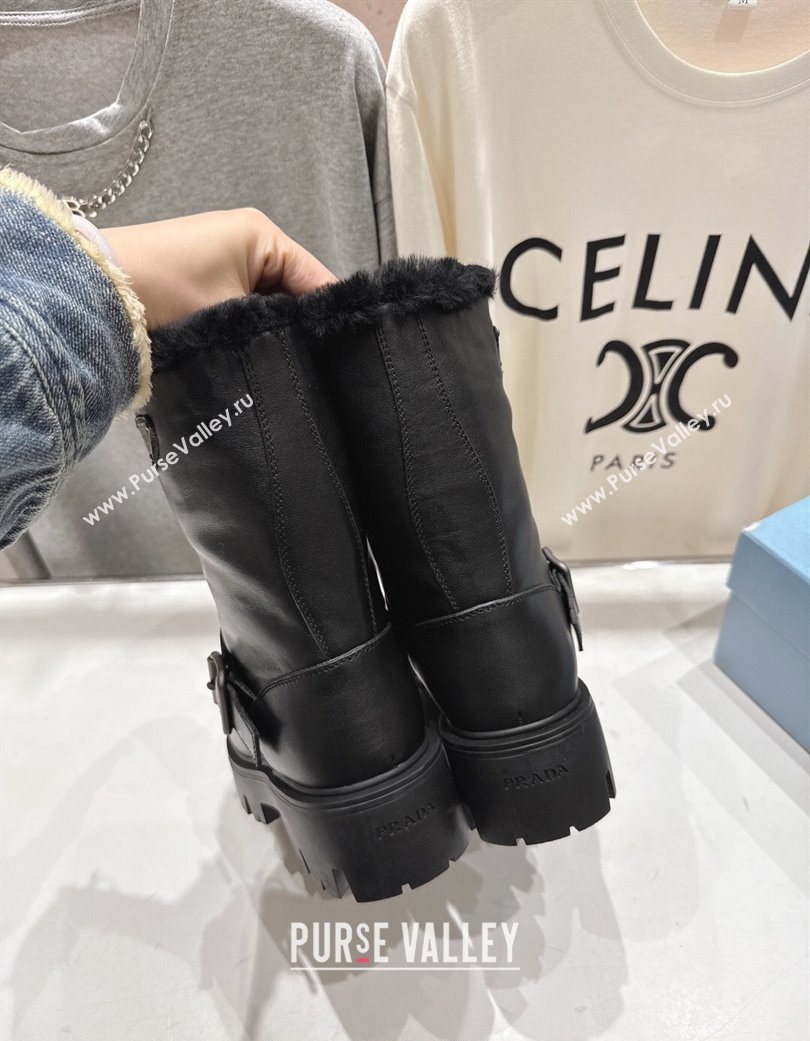 Prada Leather and Shearling Booties with Buckle Black 2025 1U187O (MD-251206031)