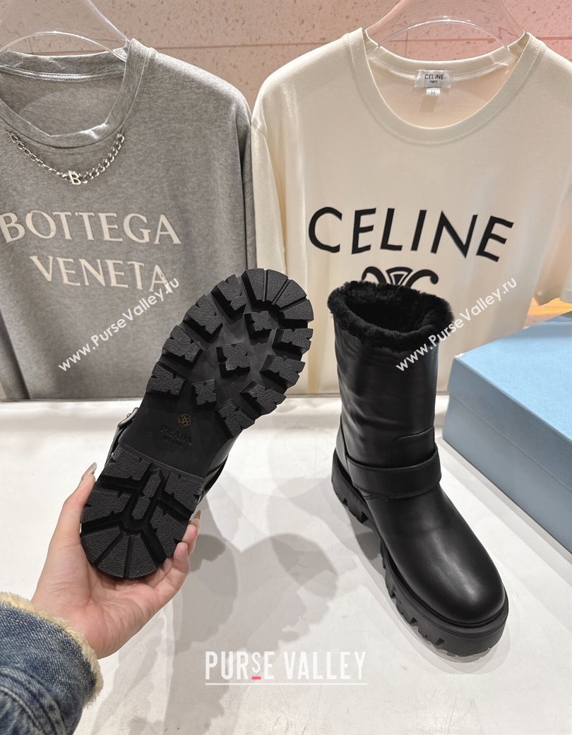 Prada Leather and Shearling Booties with Buckle Black 2025 1U187O (MD-251206031)