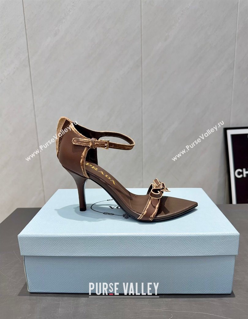 Prada Leather Bow Heel Sandals 8.5cm Brown 2025 1X196O (MD-251205001)