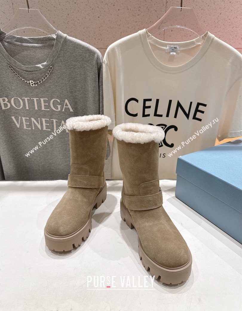 Prada Suede and Shearling Booties with Buckle Beige 2025 1U187O (MD-251206032)