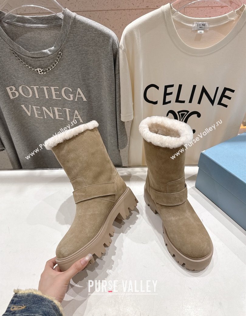 Prada Suede and Shearling Booties with Buckle Beige 2025 1U187O (MD-251206032)