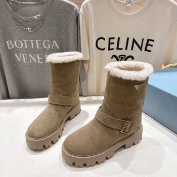 Prada Suede and Shearling Booties with Buckle Beige 2025 1U187O (MD-251206032)