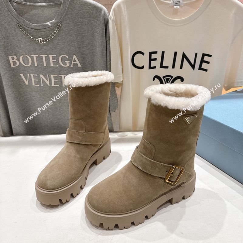 Prada Suede and Shearling Booties with Buckle Beige 2025 1U187O (MD-251206032)