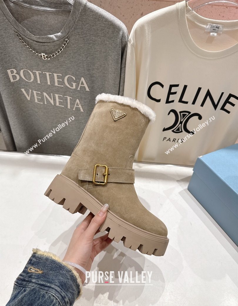 Prada Suede and Shearling Booties with Buckle Beige 2025 1U187O (MD-251206032)