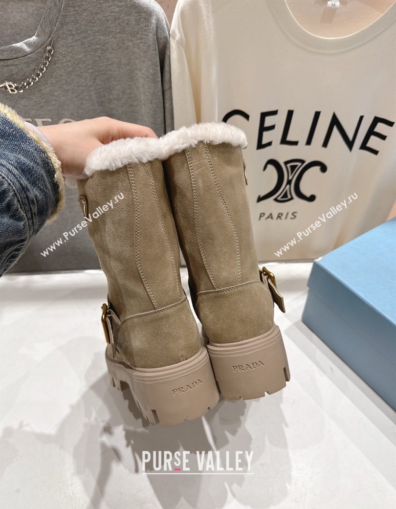 Prada Suede and Shearling Booties with Buckle Beige 2025 1U187O (MD-251206032)