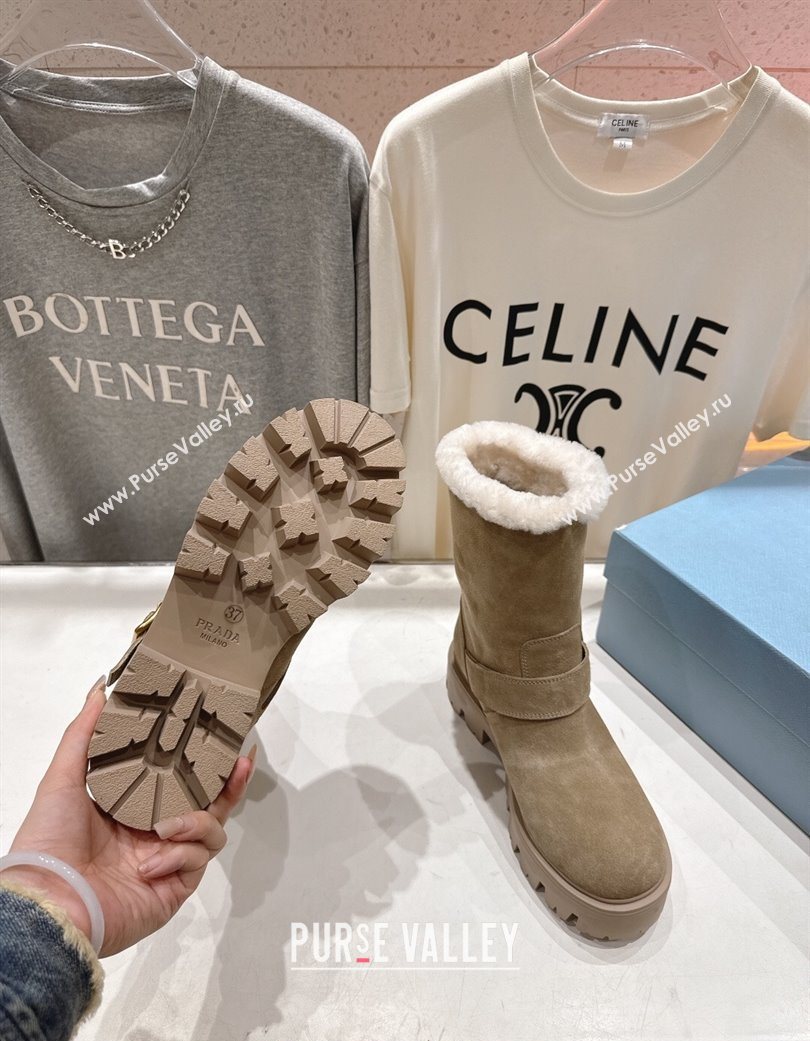 Prada Suede and Shearling Booties with Buckle Beige 2025 1U187O (MD-251206032)
