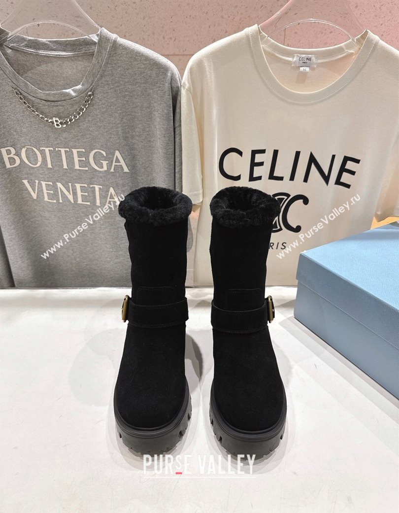 Prada Suede and Shearling Booties with Buckle Black 2025 1U187O (MD-251206033)
