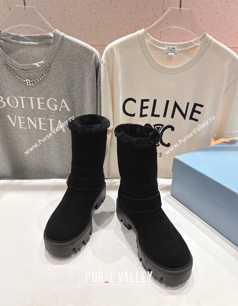 Prada Suede and Shearling Booties with Buckle Black 2025 1U187O (MD-251206033)