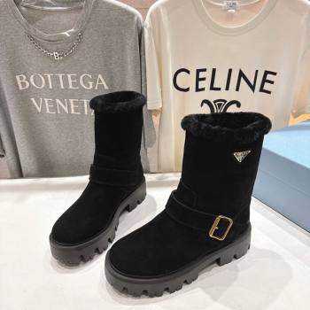 Prada Suede and Shearling Booties with Buckle Black 2025 1U187O (MD-251206033)