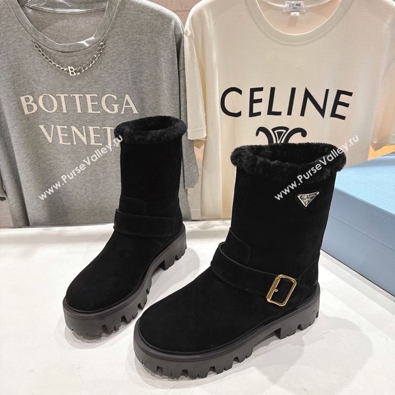 Prada Suede and Shearling Booties with Buckle Black 2025 1U187O (MD-251206033)