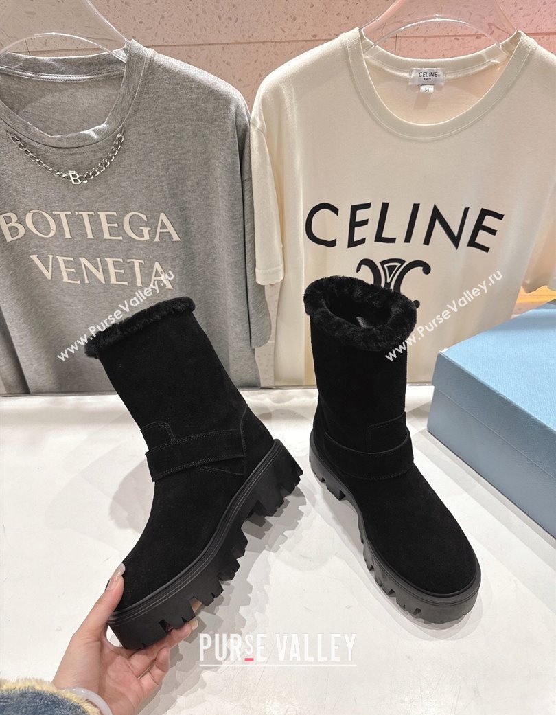 Prada Suede and Shearling Booties with Buckle Black 2025 1U187O (MD-251206033)