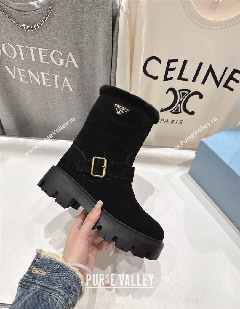 Prada Suede and Shearling Booties with Buckle Black 2025 1U187O (MD-251206033)